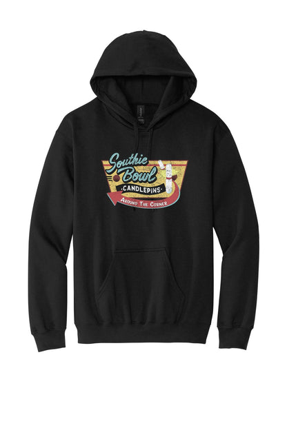 Black pullover hoodie with a vintage Southie Bowl candlepin bowling logo graphic on the chest and front pouch pocket.
