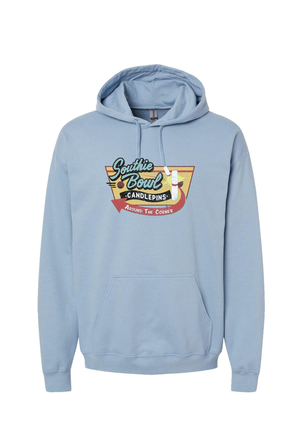 Light blue relaxed-fit men's hoodie featuring a Southie Bowl Candlepins graphic logo and a front kangaroo pocket.