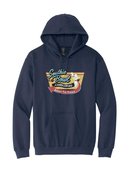 Navy blue pullover hoodie featuring a vintage Southie Bowl candlepin bowling logo graphic on the chest.
