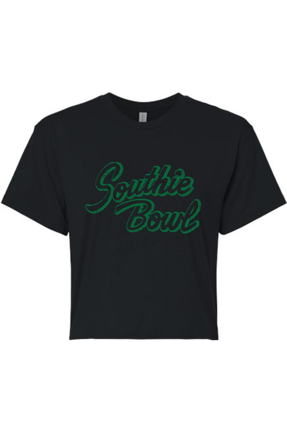 Black cropped t-shirt featuring a green Southie Bowl script graphic in a soft cotton-polyester blend.