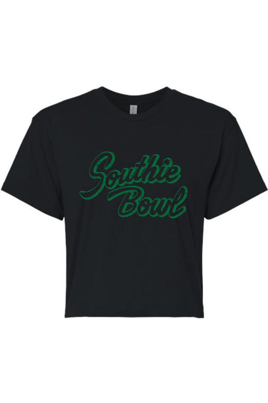 Black cropped t-shirt featuring a green Southie Bowl script graphic in a soft cotton-polyester blend.