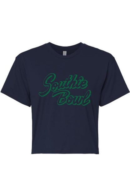 Navy blue cropped t-shirt featuring green Southie Bowl script text in a soft cotton-polyester blend.