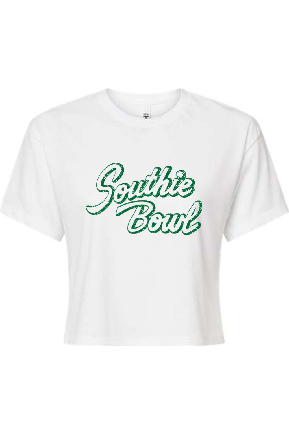 White cropped t-shirt with a distressed green Southie Bowl graphic print on the chest.
