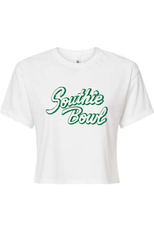 White cropped t-shirt with a distressed green Southie Bowl graphic print on the chest.