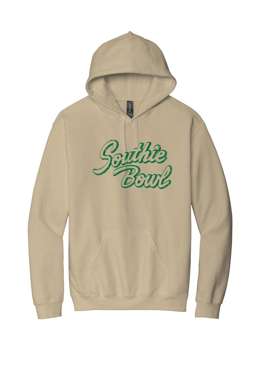 Tan relaxed-fit men's hoodie featuring a green Southie Bowl script graphic and a front kangaroo pocket.