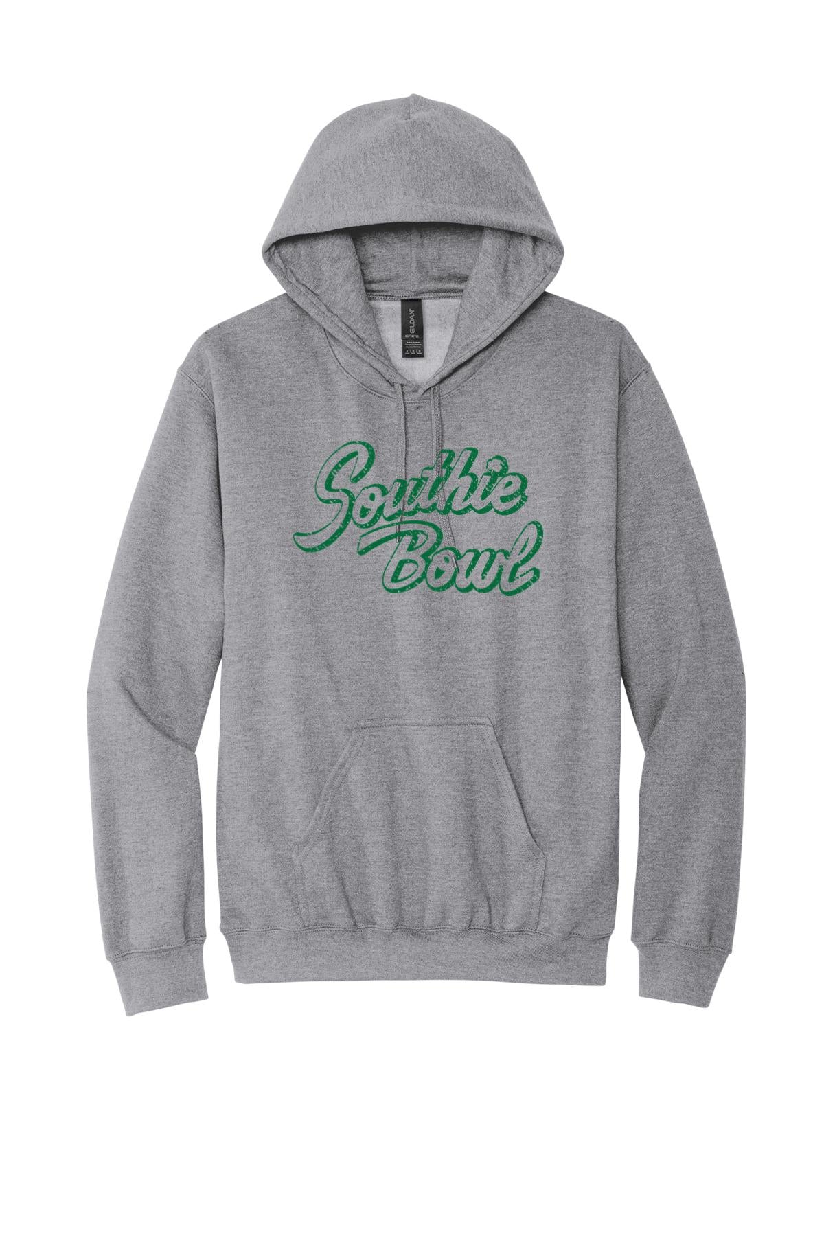 Grey heather Southie Bowl men's hoodie with a green script logo, drawstring hood, and front kangaroo pocket.