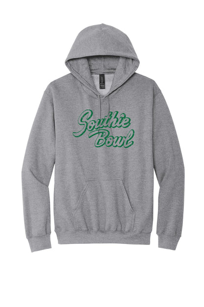 Grey heather Southie Bowl men's hoodie with a green script logo, drawstring hood, and front kangaroo pocket.