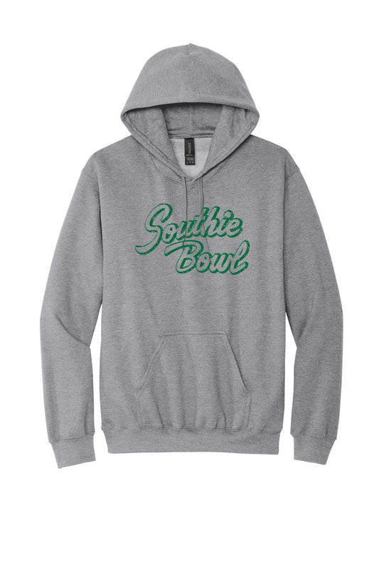 Grey heather Southie Bowl men's hoodie with a green script logo, drawstring hood, and front kangaroo pocket.