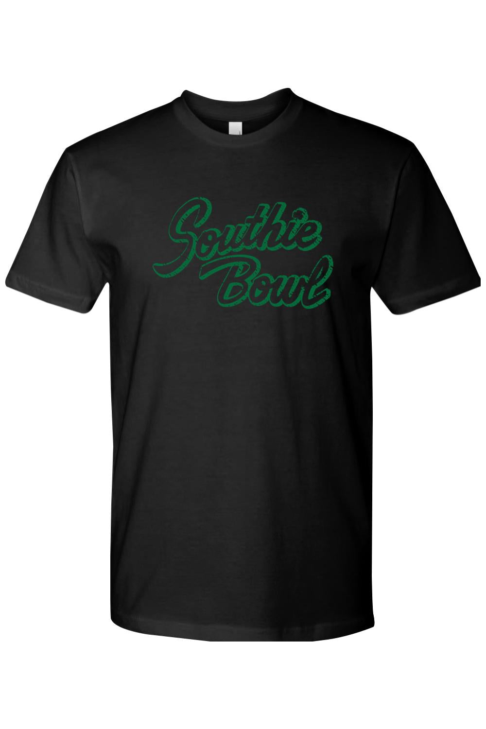 Black cotton unisex t-shirt featuring a green distressed Southie Bowl script logo on the chest.