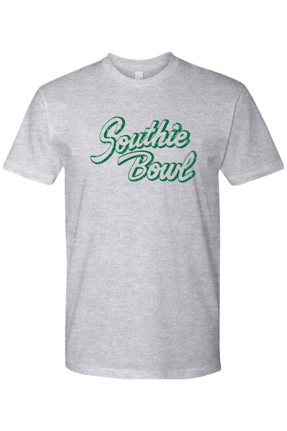 Grey cotton unisex t-shirt featuring a green distressed Southie Bowl script logo on the chest.