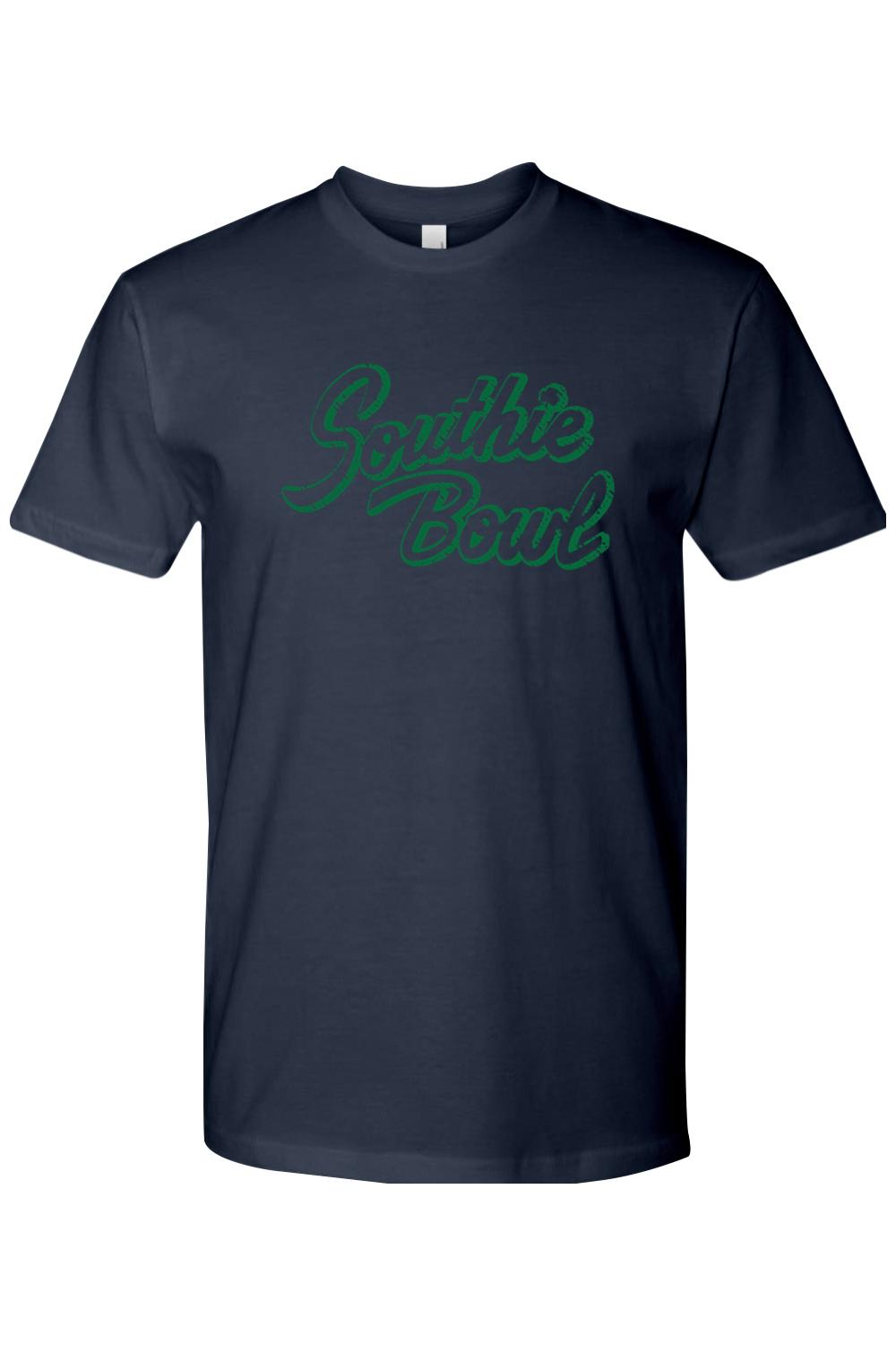 Navy blue cotton crewneck t-shirt featuring a green distressed Southie Bowl script logo on the chest.