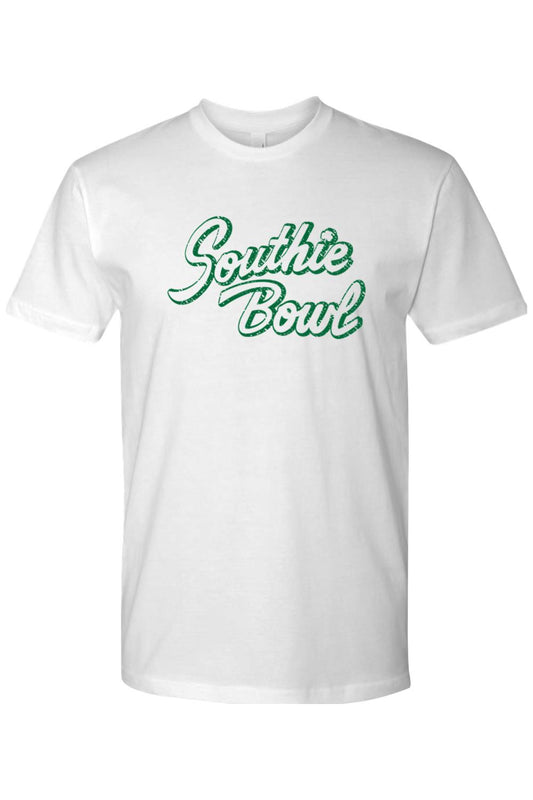 White cotton crew neck t-shirt featuring a green distressed Southie Bowl clover graphic on the chest.