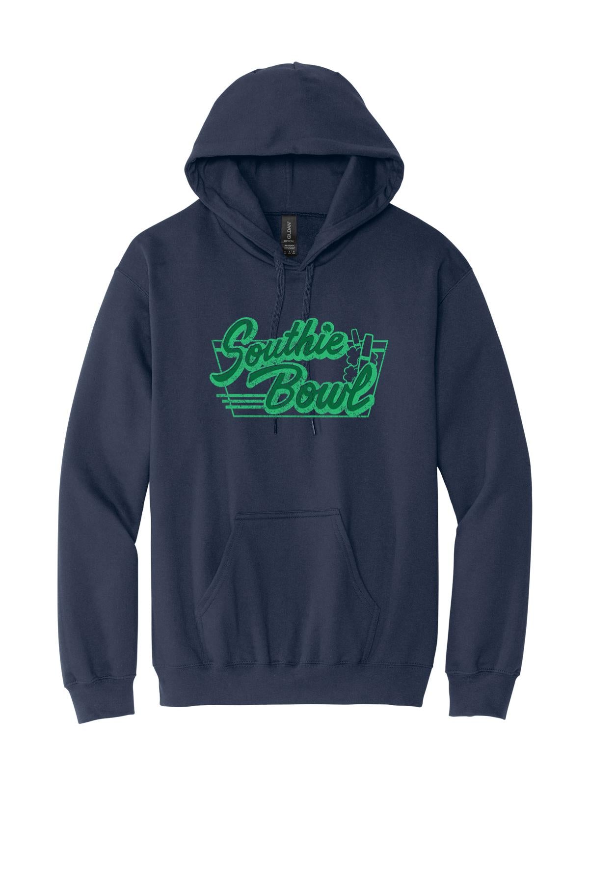 Navy blue men's hoodie featuring a green Southie Bowl logo, front kangaroo pocket, and soft cotton-blend fabric.