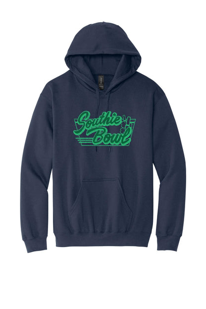 Navy blue men's hoodie featuring a green Southie Bowl logo, front kangaroo pocket, and soft cotton-blend fabric.