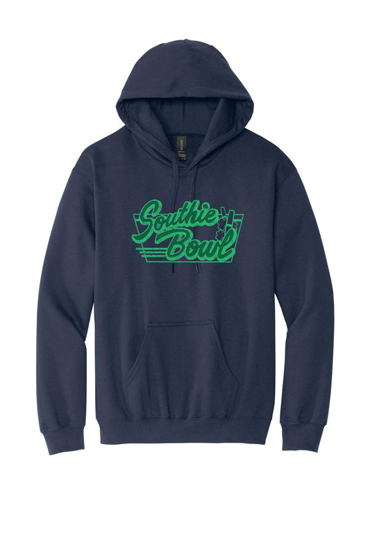 Navy blue men's hoodie featuring a green Southie Bowl logo, front kangaroo pocket, and soft cotton-blend fabric.