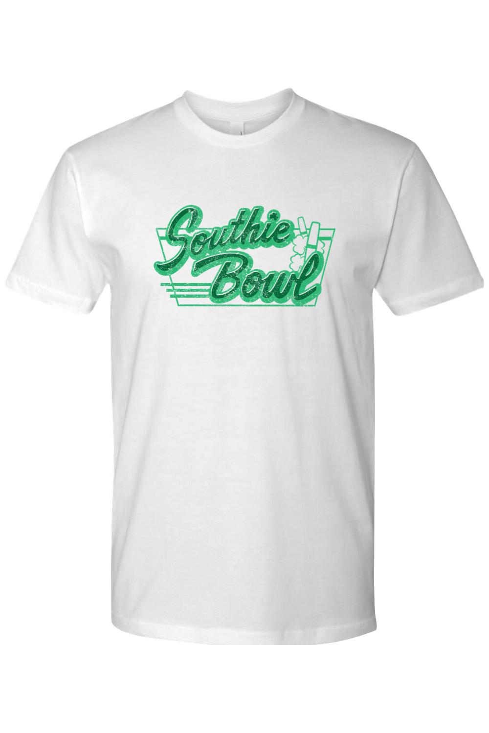 White cotton crewneck t-shirt featuring a green Southie Bowl logo with shamrock accents on the chest.