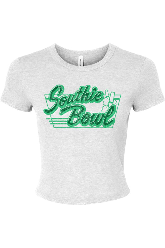 Light heather grey ribbed baby tee featuring a green Southie Bowl logo graphic with a retro line design.