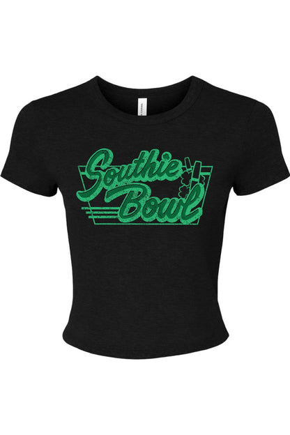 Black ribbed baby tee for women featuring a distressed green Southie Bowl logo and clover graphic.