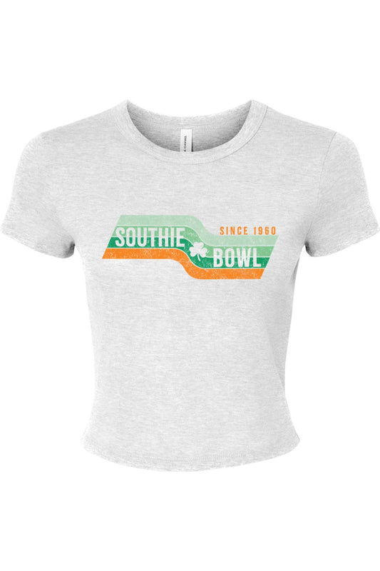 Heather grey ribbed baby tee with a vintage Southie Bowl Represent graphic in green and orange stripes.