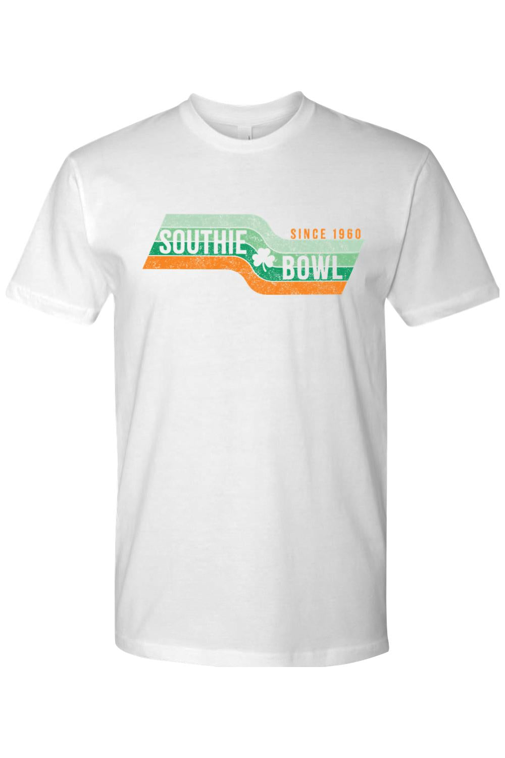White cotton crewneck t-shirt featuring a retro Southie Bowl graphic with green and orange stripes and a shamrock.