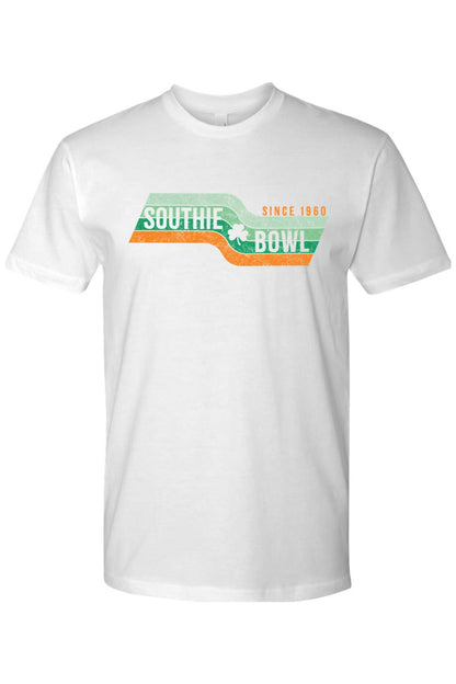White cotton crewneck t-shirt featuring a retro Southie Bowl graphic with green and orange stripes and a shamrock.