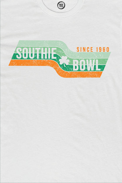 White cotton crewneck tee featuring a vintage Southie Bowl graphic with green and orange stripes and a shamrock.