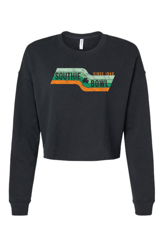 Black cropped crewneck sweatshirt with retro Southie Bowl bowling graphic and clover icon on soft fleece fabric.
