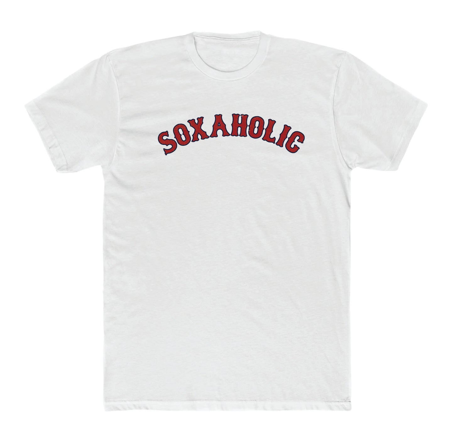 White cotton crewneck t-shirt featuring Soxaholic printed in arched red and navy blue baseball-style lettering.