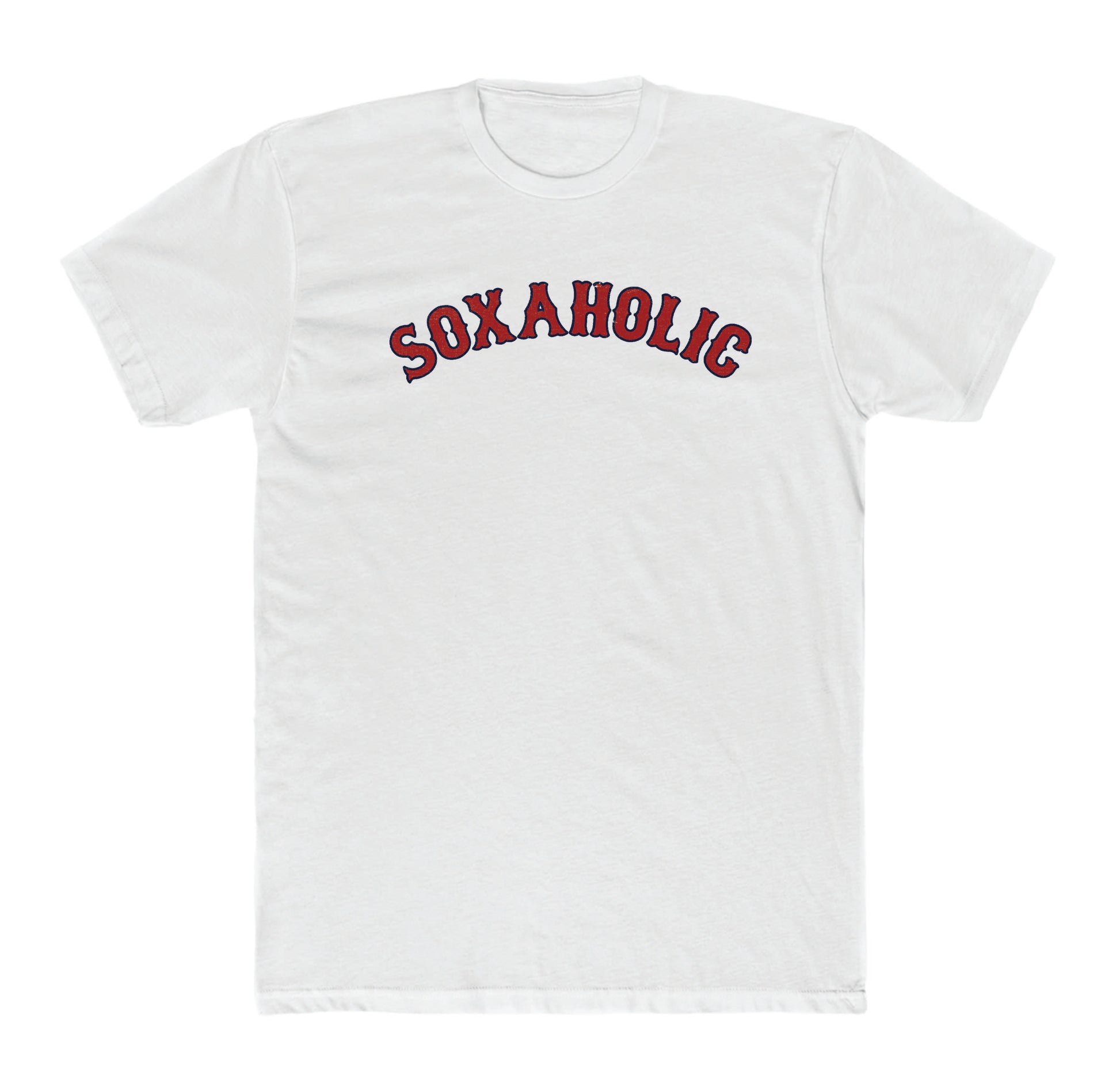 White cotton crewneck t-shirt featuring Soxaholic printed in arched red and navy blue baseball-style lettering.