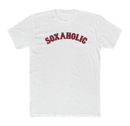 White cotton crewneck t-shirt featuring Soxaholic printed in arched red and navy blue baseball-style lettering.