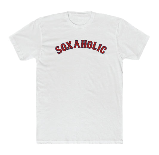 White cotton crewneck t-shirt featuring Soxaholic printed in arched red and navy blue baseball-style lettering.