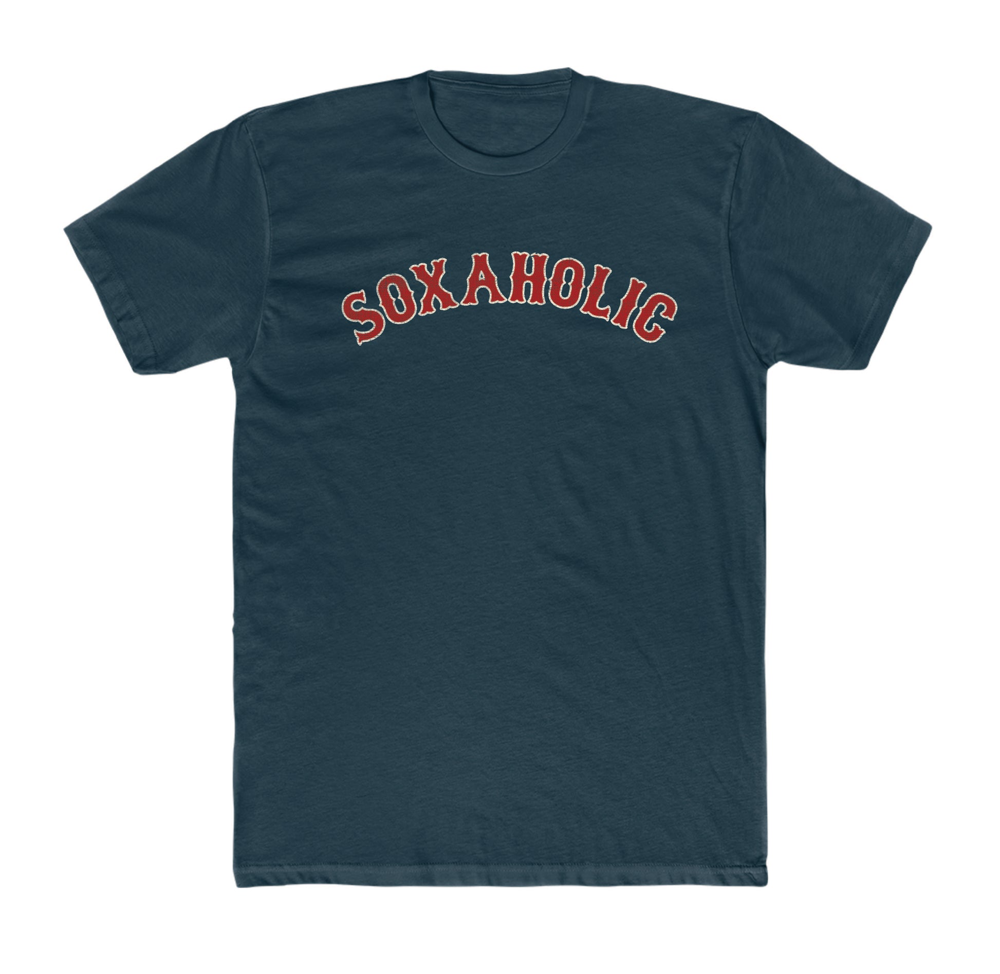 Dark navy blue cotton crewneck t-shirt featuring the word Soxaholic in red arched lettering with a white outline.