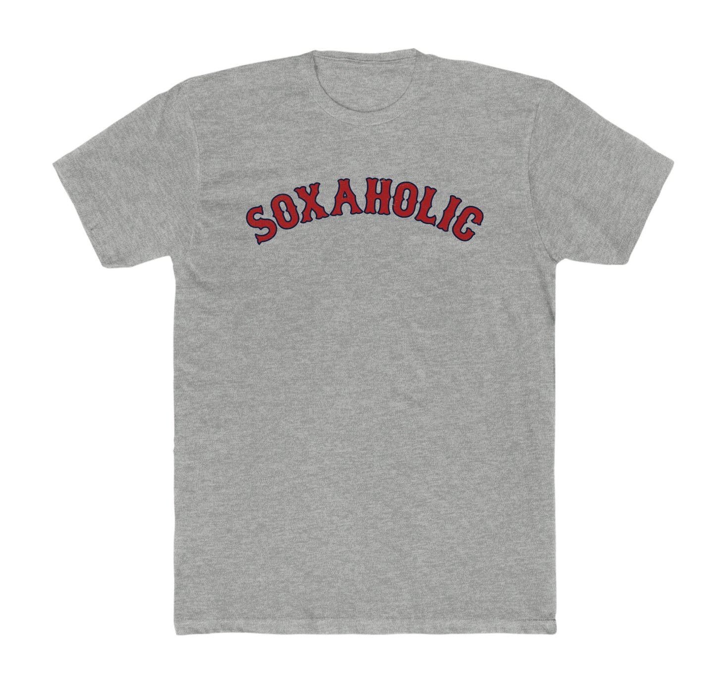 Grey heather cotton crewneck t-shirt featuring Soxaholic in red and navy blue arched varsity-style lettering.