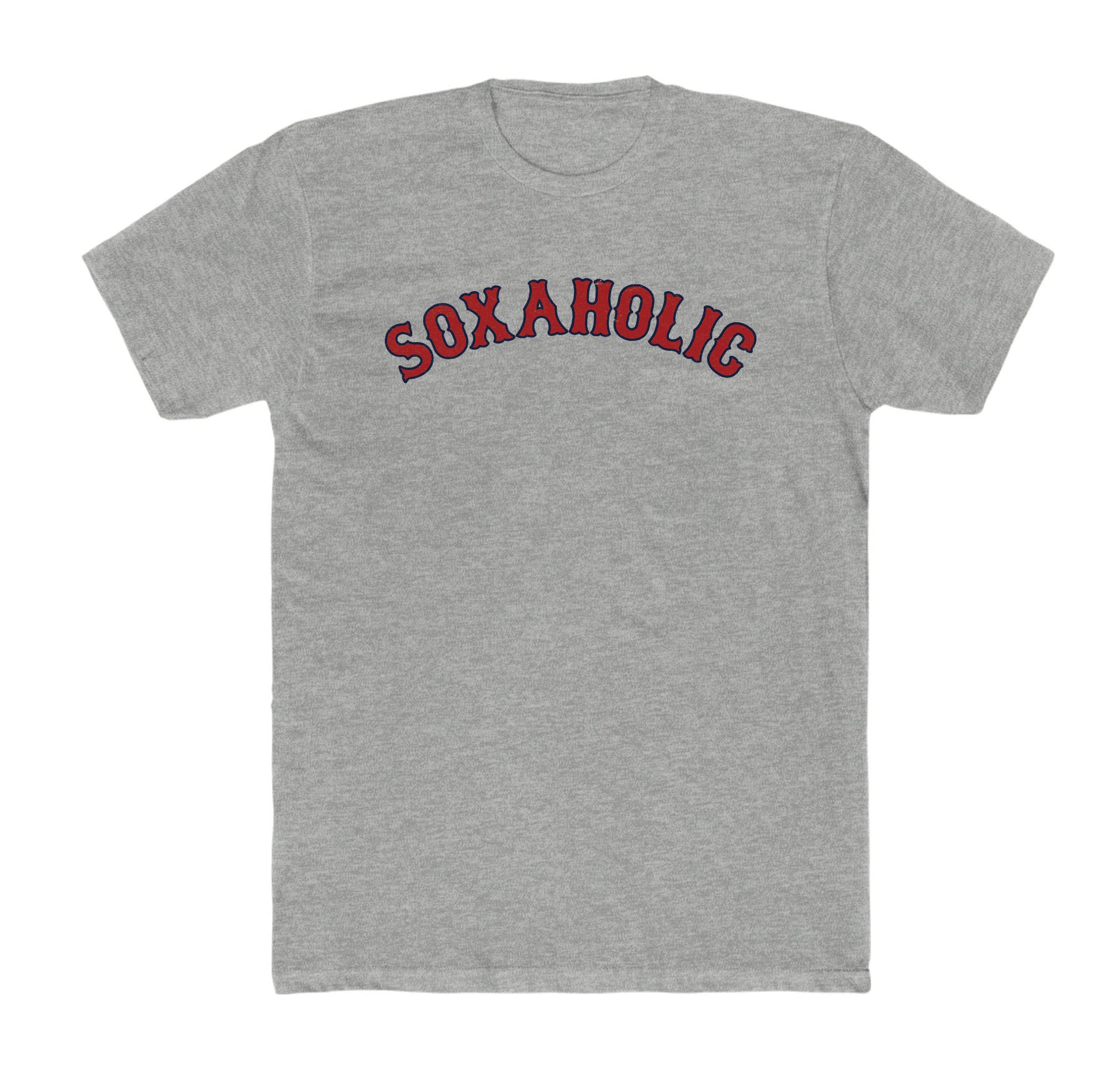 Grey heather cotton crewneck t-shirt featuring Soxaholic in red and navy blue arched varsity-style lettering.