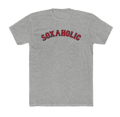 Grey heather cotton crewneck t-shirt featuring Soxaholic in red and navy blue arched varsity-style lettering.