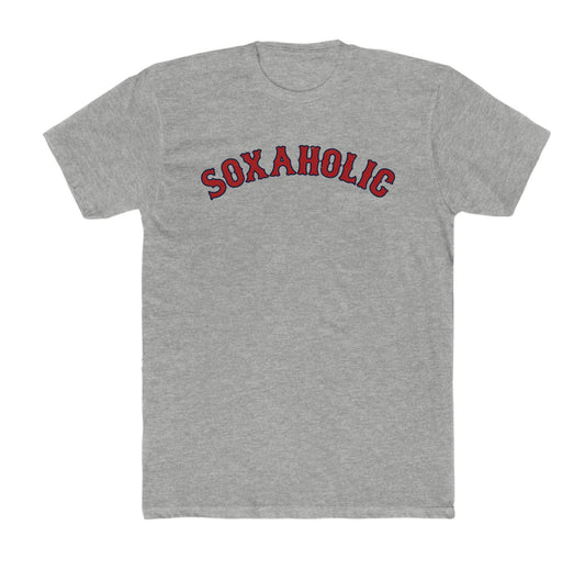Grey heather cotton crewneck t-shirt featuring Soxaholic in red and navy blue arched varsity-style lettering.