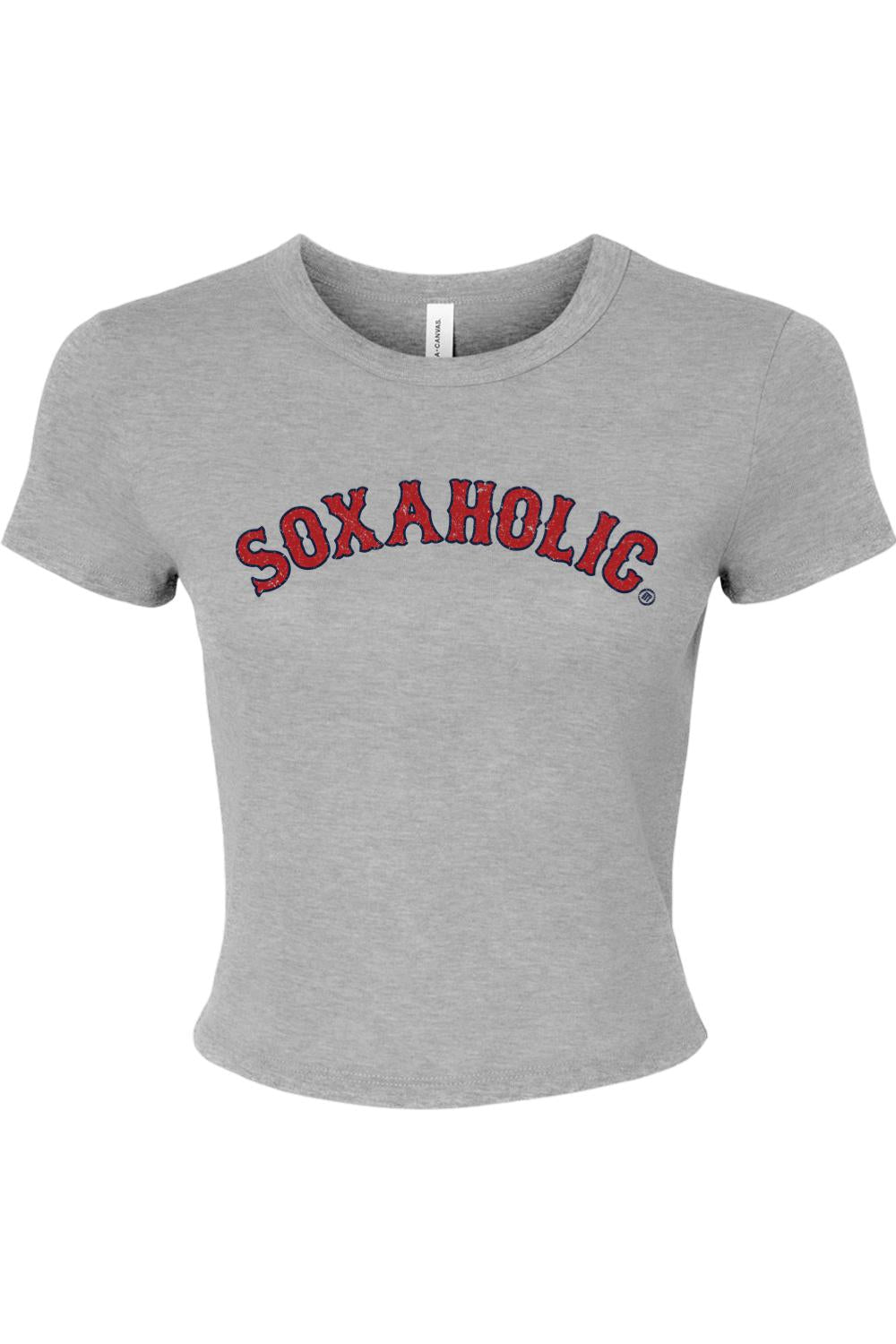 Grey ribbed baby tee featuring a distressed red and navy blue Soxaholic graphic in an arched collegiate font.