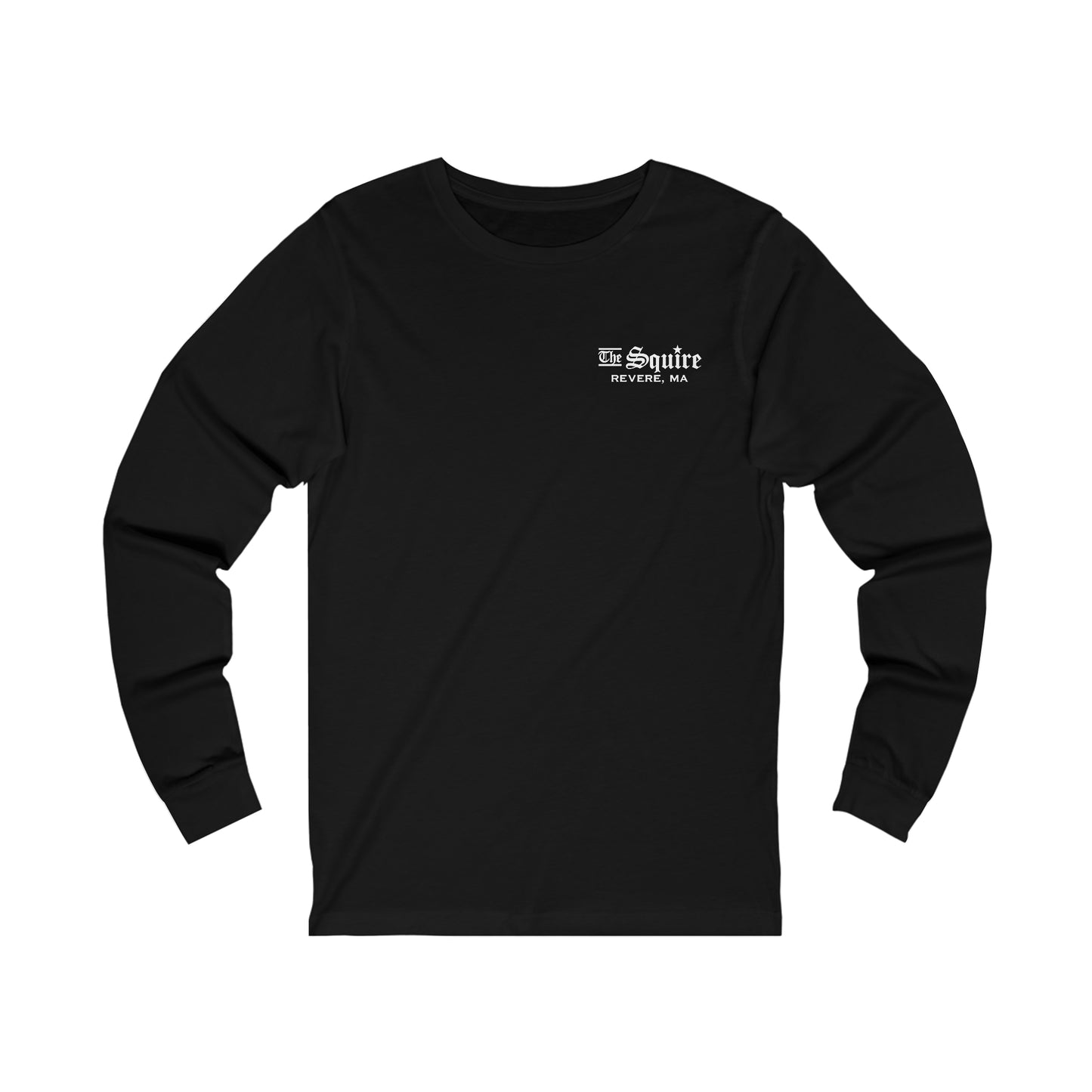 Black long-sleeve jersey tee with a white The Squire Revere, MA logo on the left chest, made from soft cotton.