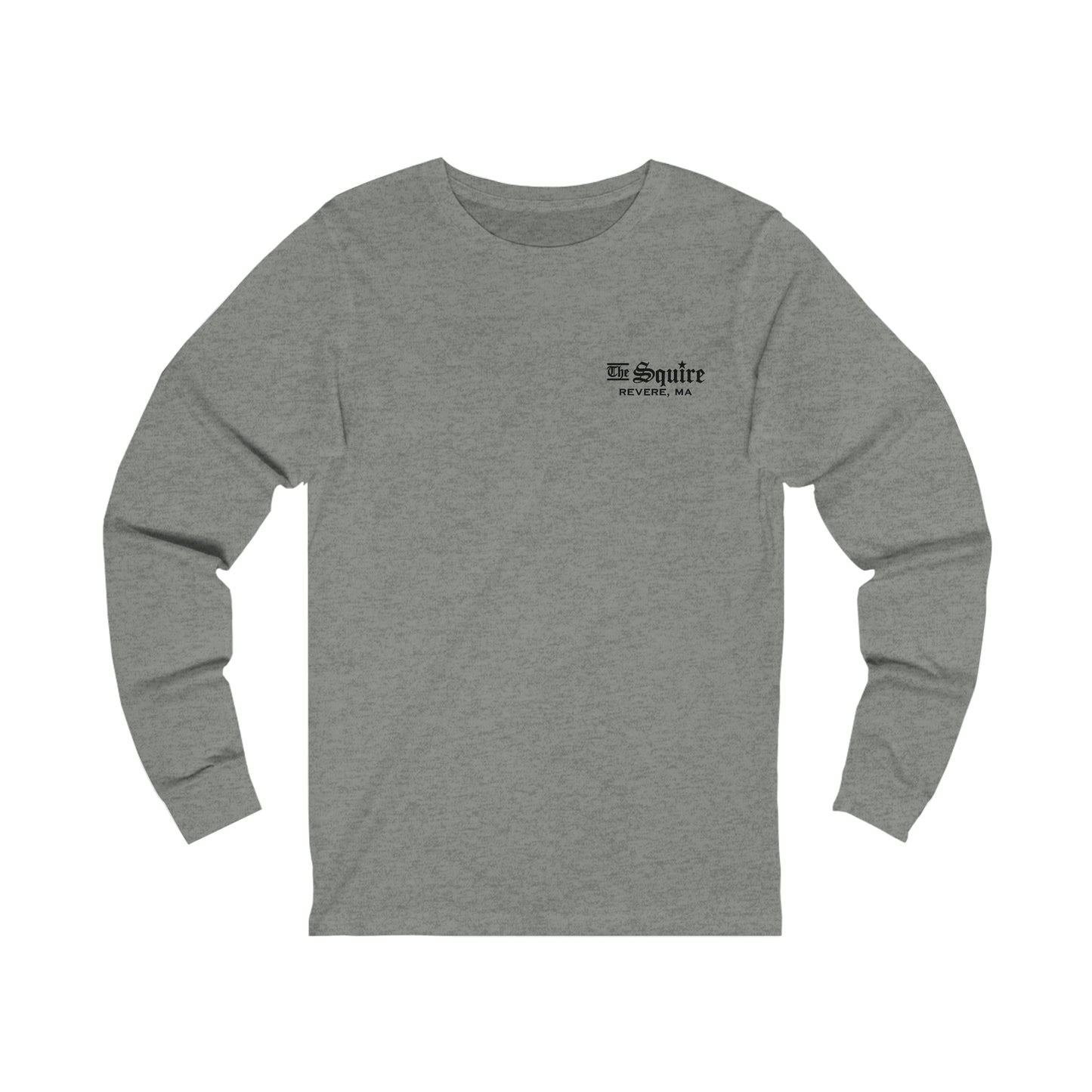 Heather grey long-sleeve jersey tee with a small black The Squire Revere, MA logo on the left chest.