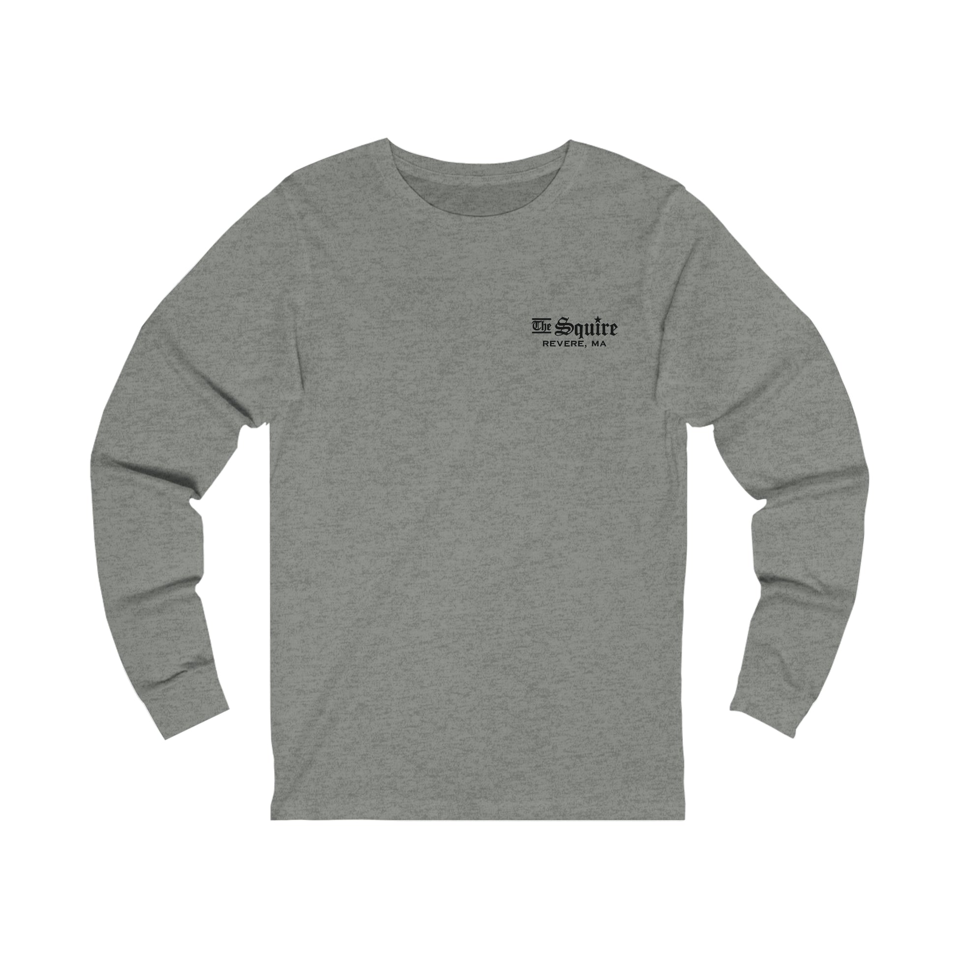 Heather grey long-sleeve jersey tee with a small black The Squire Revere, MA logo on the left chest.