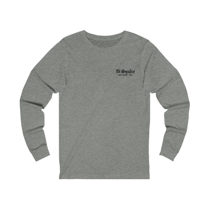 Heather grey long-sleeve jersey tee with a small black The Squire Revere, MA logo on the left chest.
