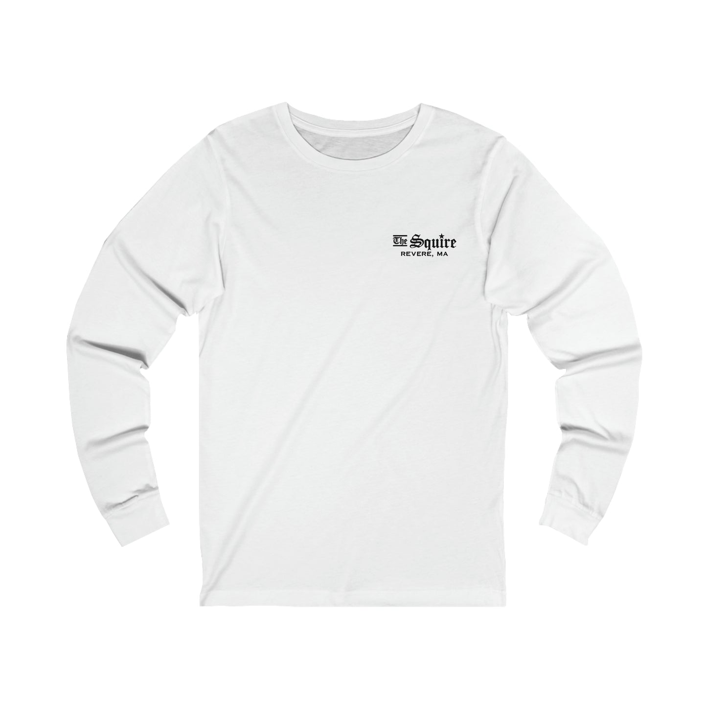 White long-sleeve cotton jersey tee featuring a small black The Squire Revere, MA logo on the left chest.