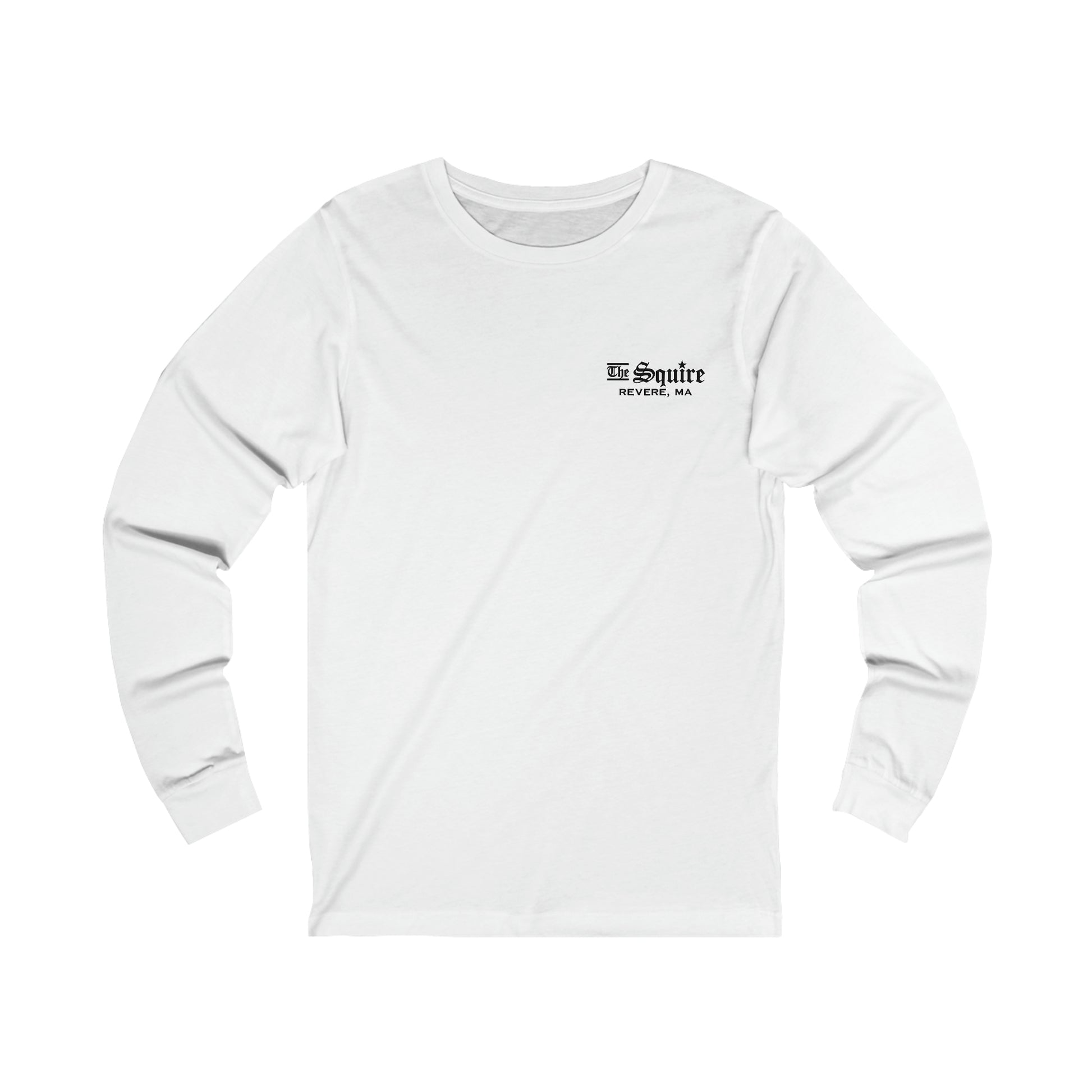 White long-sleeve cotton jersey tee featuring a small black The Squire Revere, MA logo on the left chest.