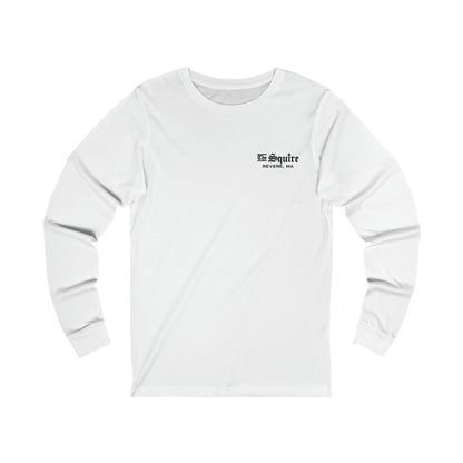 White long-sleeve cotton jersey tee featuring a small black The Squire Revere, MA logo on the left chest.