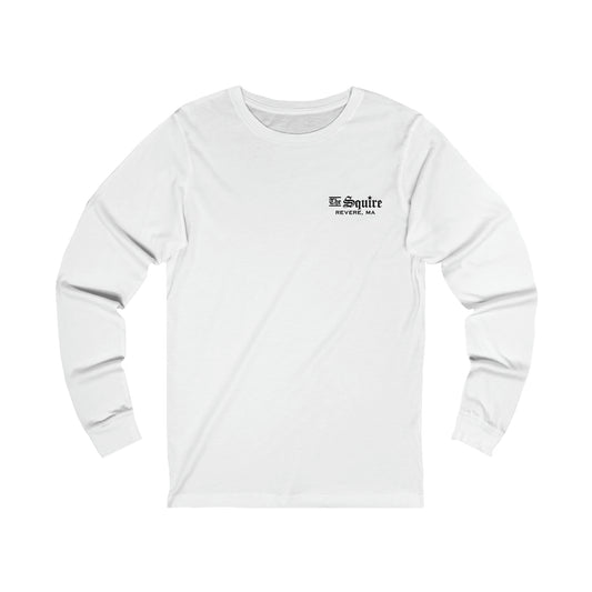 White long-sleeve cotton jersey tee featuring a small black The Squire Revere, MA logo on the left chest.