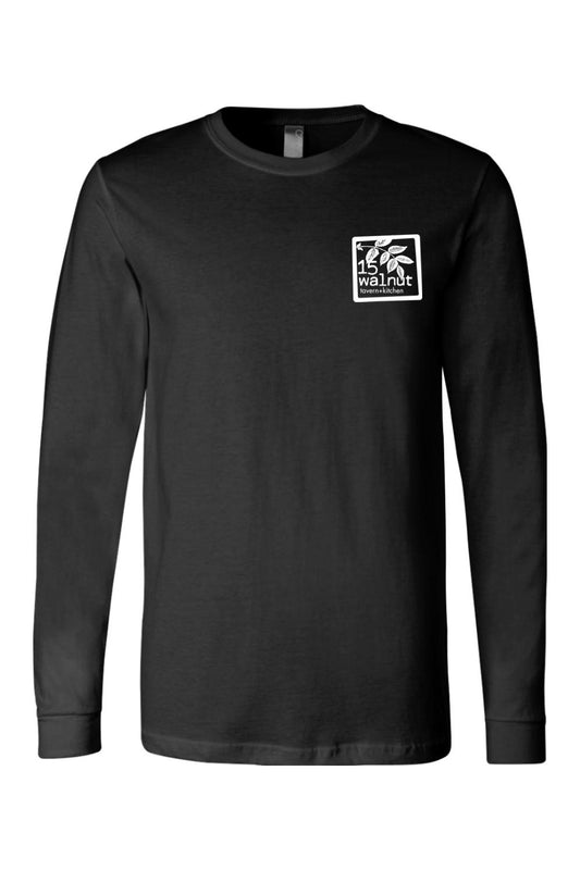 Black long-sleeve cotton staff t-shirt featuring a white 15 Walnut Tavern + Kitchen logo on the chest.