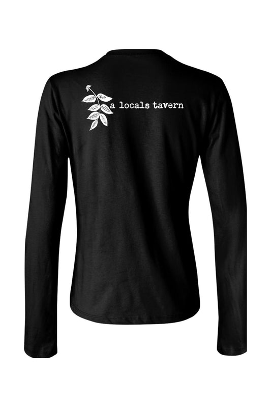 Black women's long-sleeve cotton staff t-shirt featuring a white leaf graphic and "a locals tavern" text on the back.