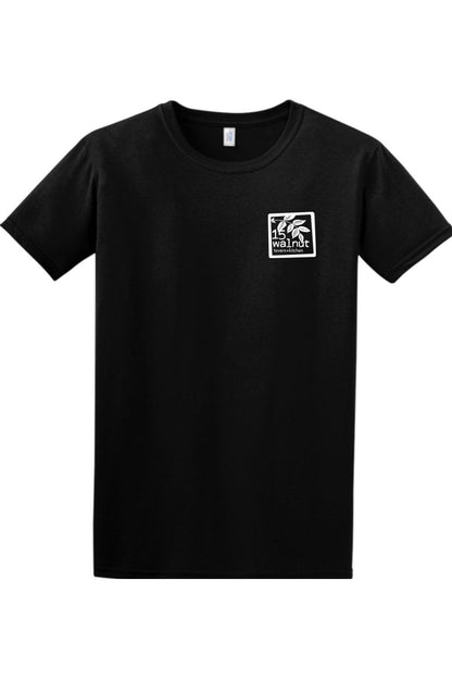Black cotton crew neck t-shirt featuring a white 15 Walnut Tavern + Kitchen logo on the left chest.