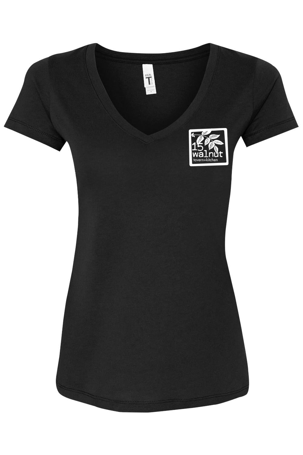 Black women's cotton blend V-neck T-shirt featuring a white 15 Walnut Tavern + Kitchen logo on the chest.
