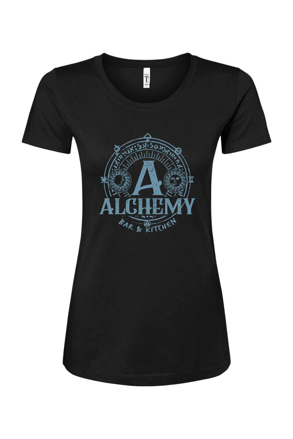 Black women's cotton blend t-shirt featuring a blue Alchemy Bar & Kitchen logo with mystical circular symbols.